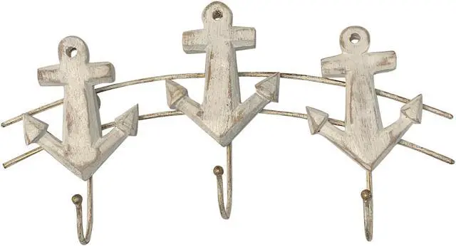 Main image of Ships Anchors Carved Wood Triple Single Hooks Painted Whitewash Finish 11 Inches