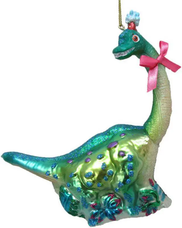 Main image of Dinosaur with Pink Bow Christmas Holiday Ornament Glass