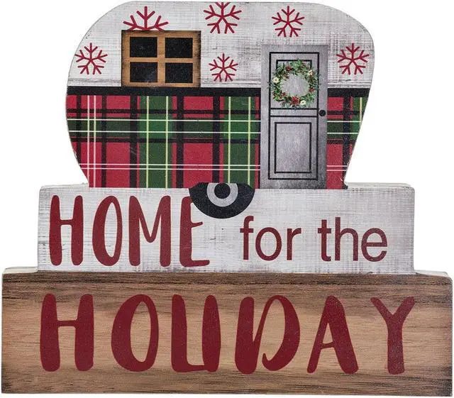 Main image of Chunky Print Stacking Block Sign Home for the Holiday Plaid Camper Shelf Sitter