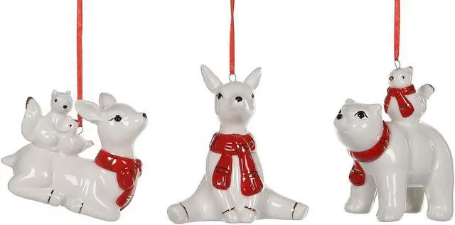 Main image of Whimsical Red and White Deer Bear and Squirrels Holiday Ornaments Set of 3