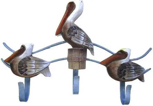 Main image of Coastal Whitewashed Pelicans Wooden and Metal Triple Hook Wall Decor