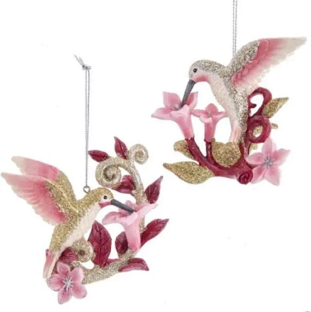 Main image of Glittery Silver Gold and Pink Hummingbirds on Flowers Retro Inspired Set of 2