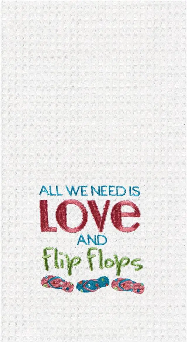 Alt view image 2 of 2 - All We Need Is Love and Flip Flops Embroidered Waffle Weave Kitchen Dish Towel