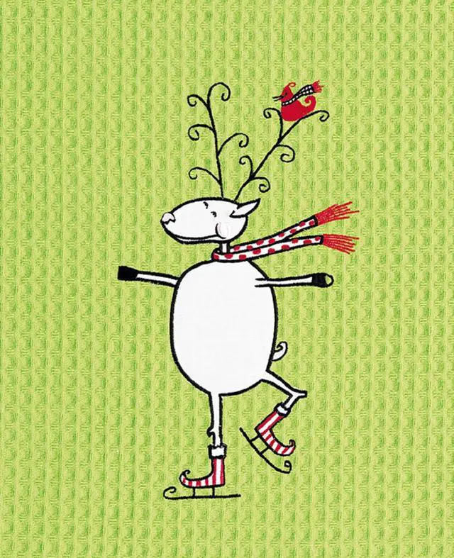 Main image of Reindeer in Ice Skates on Lime Green Waffle Weave 27 Inch Kitchen Dish Towel