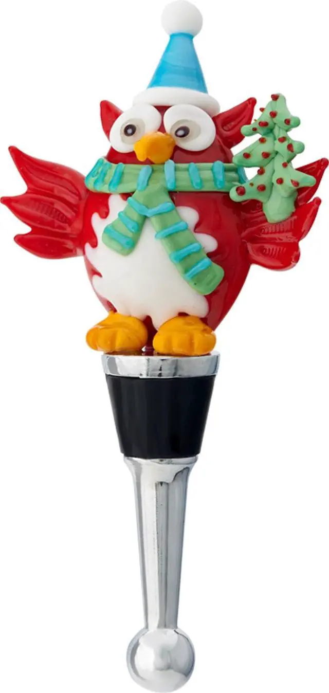 Main image of Festive Holiday Owl with Christmas Tree Wine Bottle Topper Art Glass LS Arts