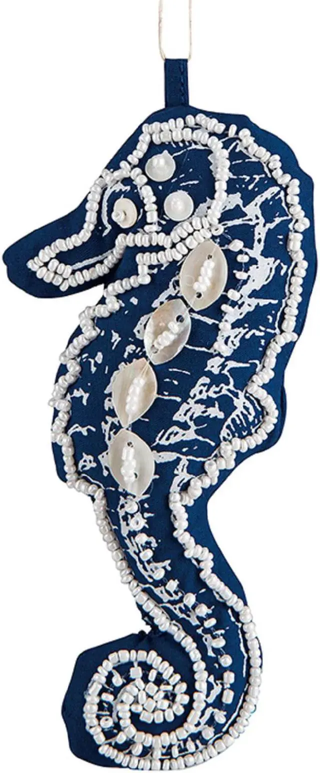 Main image of Coastal Blue Beaded Seahorse 5.5 Inch Fabric Christmas Holiday Ornament