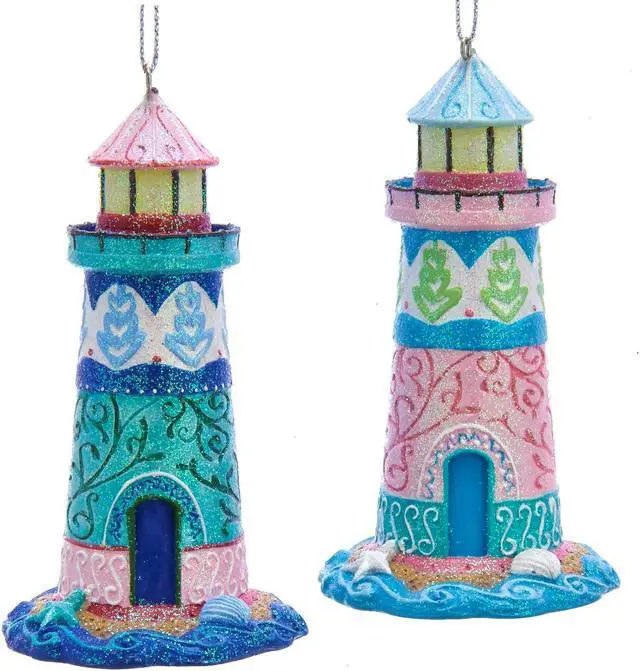 Main image of Pink and Blue Ocean Fantasy Lighthouses Christmas Holiday Ornaments Set of 2