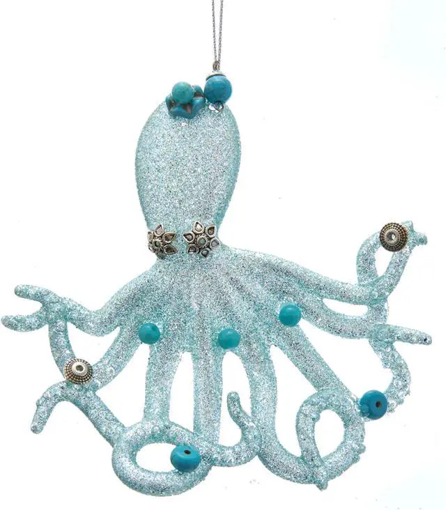 Main image of Blue Octopus with Glitter Silver Beads Christmas Holiday Ornament 4.25 Inches