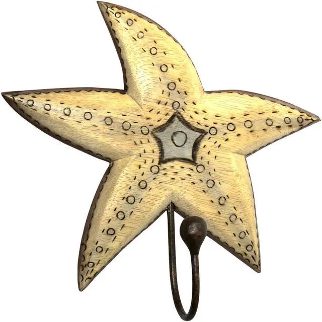 Main image of Hand Carved Starfish Single Hook Hanger Wood Burned Design Wall Decor