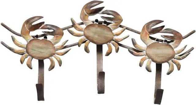 Main image of Stone Crab Triple Hooks Carved Wood and Metal Wall Decor