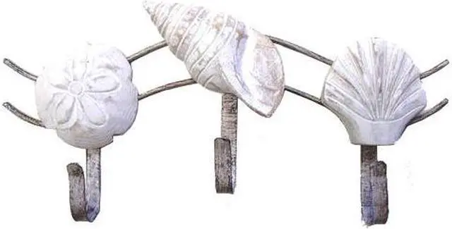 Main image of Coastal Whitewashed Assorted Sea Shells Wooden and Metal Triple Hook Wall Decor