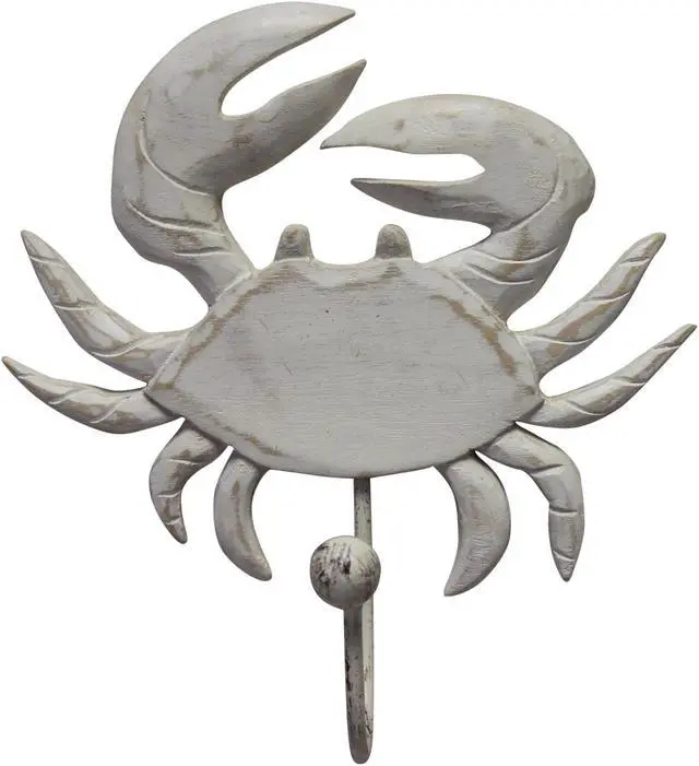Main image of Crab Carved Whitewashed Wood Wall Single Hook 8.5 Inch