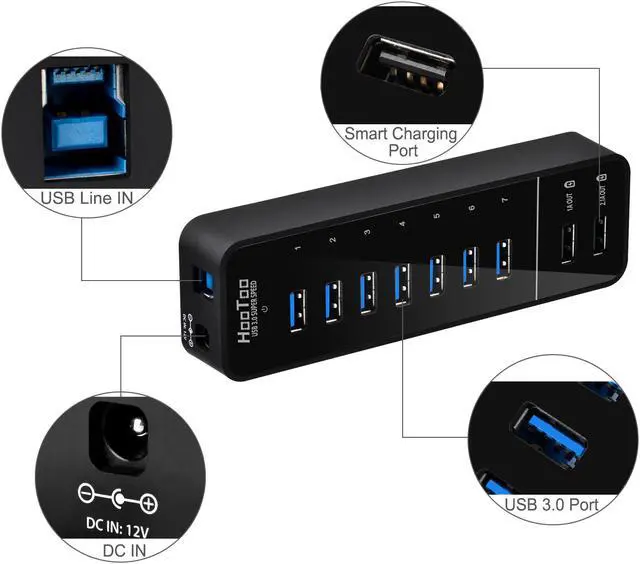 Alt view image 2 of 10 - HooToo® HT-UH010 7-Port USB 3.0 Hub with 2 Smart-Charging Ports for iPad, iPhone, Smart Phones & Tablets (Latest VIA VL812 Chipset, 12V/5A Power Adapter, 3.3ft USB Data Cable)
