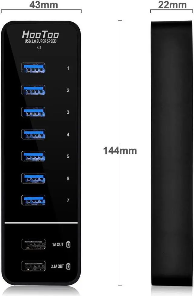 Alt view image 5 of 10 - HooToo® HT-UH010 7-Port USB 3.0 Hub with 2 Smart-Charging Ports for iPad, iPhone, Smart Phones & Tablets (Latest VIA VL812 Chipset, 12V/5A Power Adapter, 3.3ft USB Data Cable)