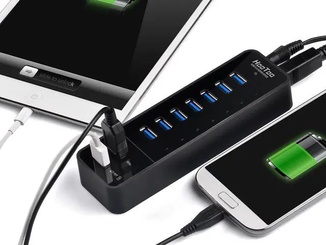 Alt view image 4 of 10 - HooToo® HT-UH010 7-Port USB 3.0 Hub with 2 Smart-Charging Ports for iPad, iPhone, Smart Phones & Tablets (Latest VIA VL812 Chipset, 12V/5A Power Adapter, 3.3ft USB Data Cable)