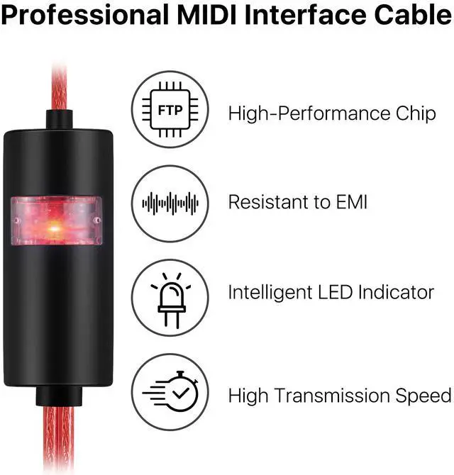 Alt view image 5 of 7 - TNP Midi to USB Cable Interface Converter - IN OUT Midi Cable Host Adapter Plug Controller Wire Cord For Keyboard Synthesizer Device to Mac Pc Computer Laptop iPad iPhone Music Studio (Red 6 FT)