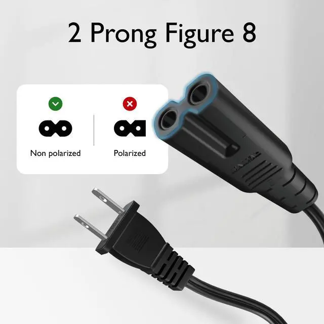 Alt view image 4 of 6 - 2 Prong Power Cord NEMA 1-15P to IEC320 C7 2 Slot Nonpolarized Power Cord,  Figure 8 Shotgun Power Cord Replacement for PS4, PS3 Slim, Printers, LG, Apple, Samsung, TCL TV, etc (6 Feet, Black)