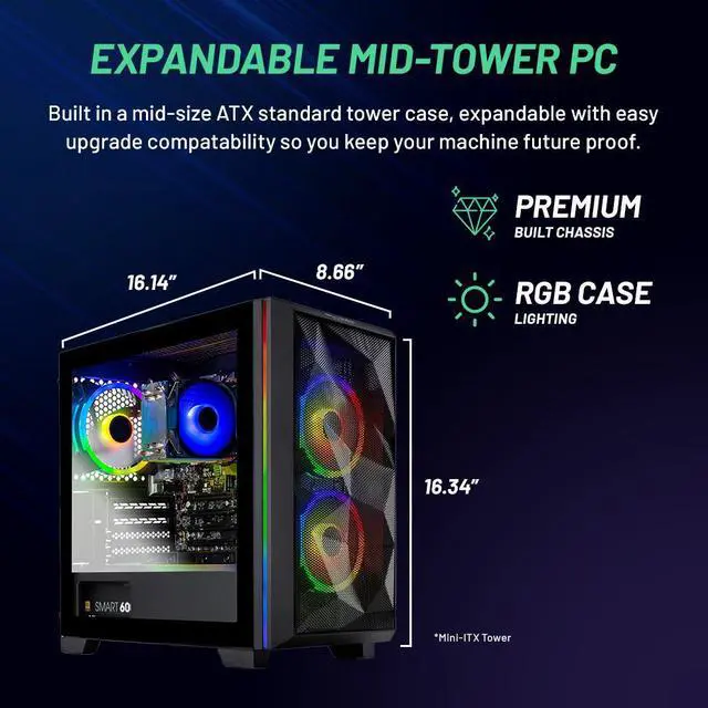 Alt view image 7 of 6 - Skytech Chronos Mini Gaming PC, Ryzen 5 5600G 3.9 GHz, AMD Radeon, 500GB NVME, 16GB DDR4 RAM 3200, 650W GOLD PSU Wi-Fi, Win 11 Home, RGB Keyboard and RGB Mouse Included