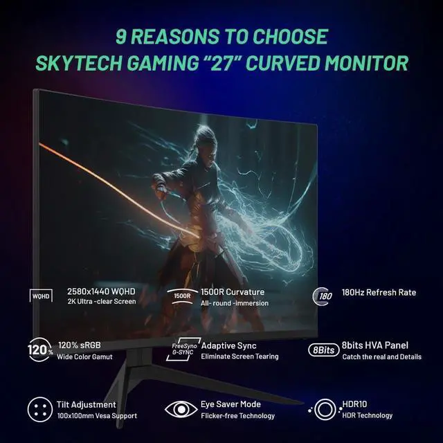 Alt view image 2 of 7 - Skytech Gaming 27-inch Curved Gaming Monitor up to 180Hz, QHD 2K(2560 x 1440), 3.7ms Response Time, 1500R VA Panel, FreeSync & G-Sync Support, Swivel Tilt Height Pivot Adjustable, HDMI & DisplayPort