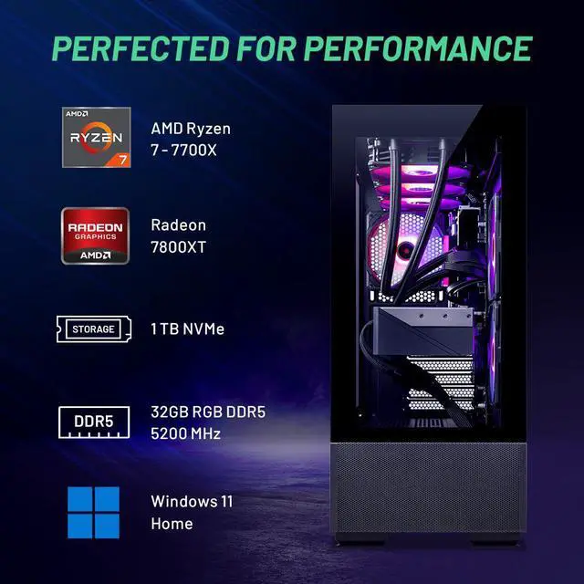 Alt view image 4 of 6 - Skytech Azure 2 Gaming PC Desktop, Ryzen 7 7700X 4.5 GHz (5.4GHz Turbo Boost), AMD RX 7800XT 16GB GDDR6, 1TB Gen4 SSD, 32GB DDR5 RAM 5200 RGB, 750W GOLD PSU, 360mm ARGB AIO , Wi-Fi, Win 11 Home