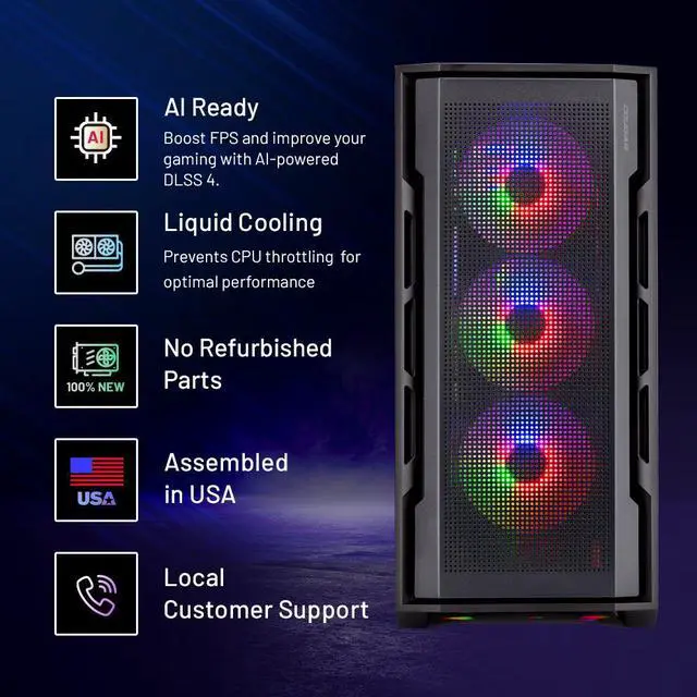 Alt view image 2 of 7 - Skytech Rampage Gaming PC Desktop, Ryzen 7 7700X 4.5 GHz (5.4GHz Turbo), NVIDIA RTX 5070 Ti 16GB GDDR7, 1TB Gen4 SSD, 32GB DDR5 6000, 850W GOLD ATX 3.0 PSU, 360mm AIO , Wi-Fi, Win 11 Home