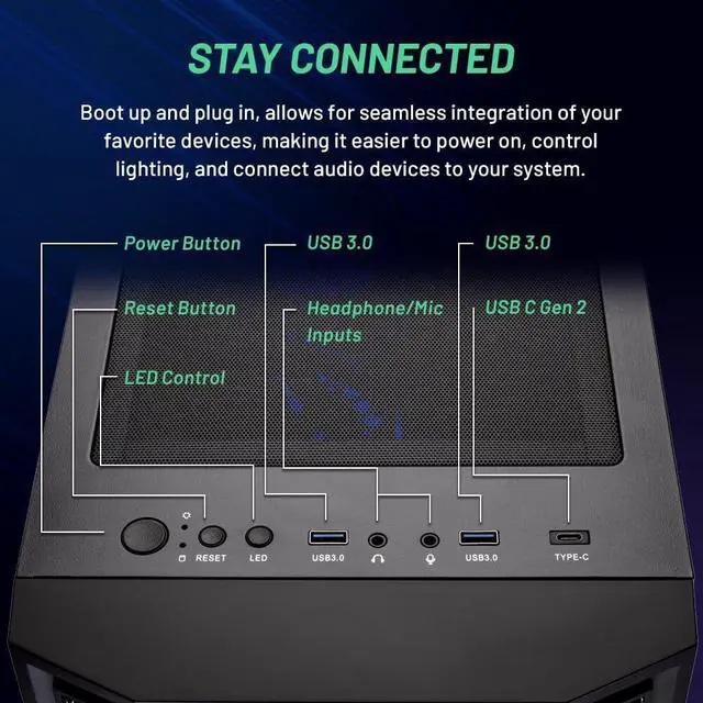 Alt view image 6 of 8 - Skytech Shadow Gaming PC Desktop, Intel i5 14400F 2.5 GHz (4.7GHz Turbo), NVIDIA RTX 5060 8GB, 1TB NVMe SSD, 16GB DDR5 RAM 6000, 650W GOLD PSU, Wi-Fi, Win 11