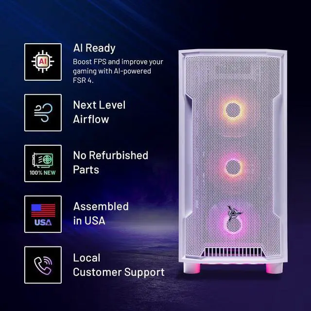 Alt view image 2 of 7 - Skytech Archangel Gaming PC Desktop, Ryzen 7 7700 3.8 GHz (5.3GHz Turbo), AMD RX 9070 XT 16GB, 1TB NVMe SSD, 32GB DDR5 RAM 6000 RGB, 850W GOLD PSU, Wi-Fi, Win 11