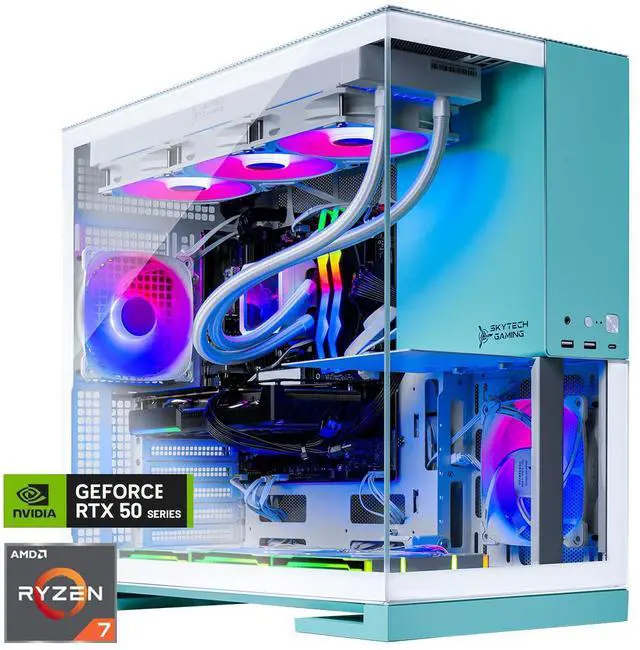 Main image of Skytech Aqua Gaming PC Desktop, Ryzen 7 9700X 3.8 GHz (5.5GHz Turbo), NVIDIA RTX 5070 Ti 16GB, 1TB Gen4 NVMe SSD, 32GB DDR5 6000 RGB, 850W GOLD ATX 3, 360mm ARGB AIO , Wi-Fi, Win 11,GEOMETRICFUTURE M5