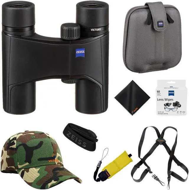Main image of Zeiss 10x25 Victory Pocket Binoculars For Bird Watching (Black) with Waith Harness Strap, Camo Baseball Hat, Waith Cleaning Cloth, Zeiss Lens Wipes Box and Waith Floating Strap (Yellow) (Bundle Set)