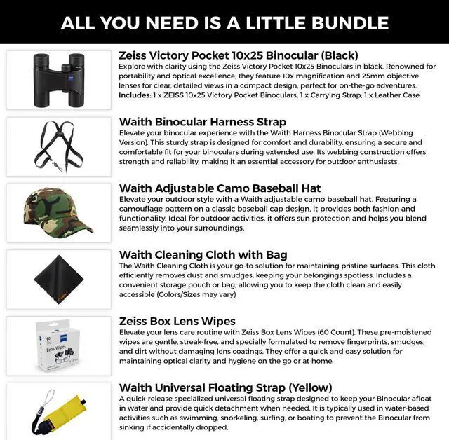 Alt view image 2 of 6 - Zeiss 10x25 Victory Pocket Binoculars For Bird Watching (Black) with Waith Harness Strap, Camo Baseball Hat, Waith Cleaning Cloth, Zeiss Lens Wipes Box and Waith Floating Strap (Yellow) (Bundle Set)