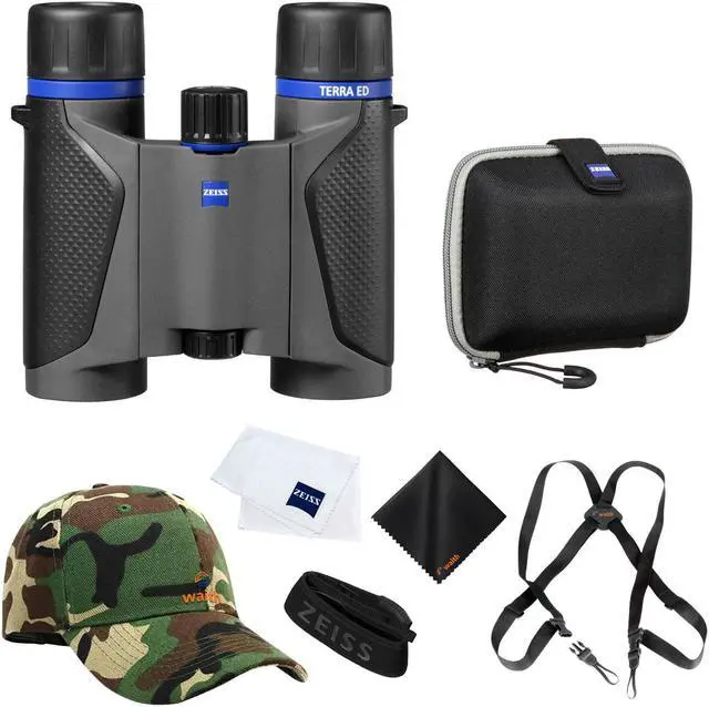 Main image of Zeiss 10x25 Terra ED Pocket Binoculars For Bird Watching (Grey) with Waith Binocular Comfort Carrying Harness Strap, Adjustable Camo Baseball Hat and Waith Microfiber Lens Cleaning Cloth (Bundle Set)