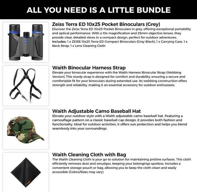Alt view image 2 of 6 - Zeiss 10x25 Terra ED Pocket Binoculars For Bird Watching (Grey) with Waith Binocular Comfort Carrying Harness Strap, Adjustable Camo Baseball Hat and Waith Microfiber Lens Cleaning Cloth (Bundle Set)