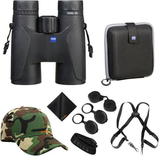 Main image of Zeiss 8x42 Terra ED Binoculars For Bird Watching (Black) with Waith Binocular Comfort Carrying Harness Strap, Waith Adjustable Camo Baseball Hat and Waith Microfiber Lens Cleaning Cloth (Bundle Set)