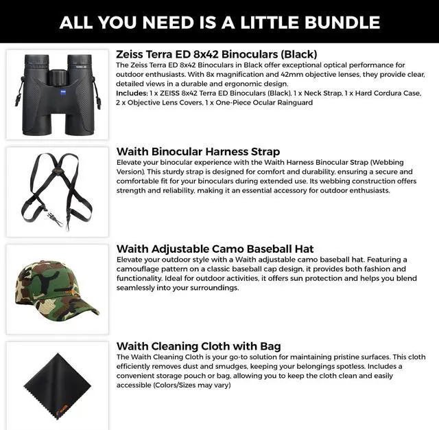 Alt view image 2 of 6 - Zeiss 8x42 Terra ED Binoculars For Bird Watching (Black) with Waith Binocular Comfort Carrying Harness Strap, Waith Adjustable Camo Baseball Hat and Waith Microfiber Lens Cleaning Cloth (Bundle Set)