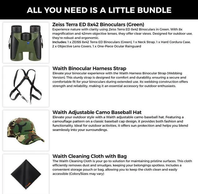 Alt view image 2 of 6 - Zeiss 8x42 Terra ED  Binoculars For Bird Watching (Green) with Waith Binocular Comfort Carrying Harness Strap, Waith Adjustable Camo Baseball Hat and Waith Microfiber Lens Cleaning Cloth (Bundle Set)