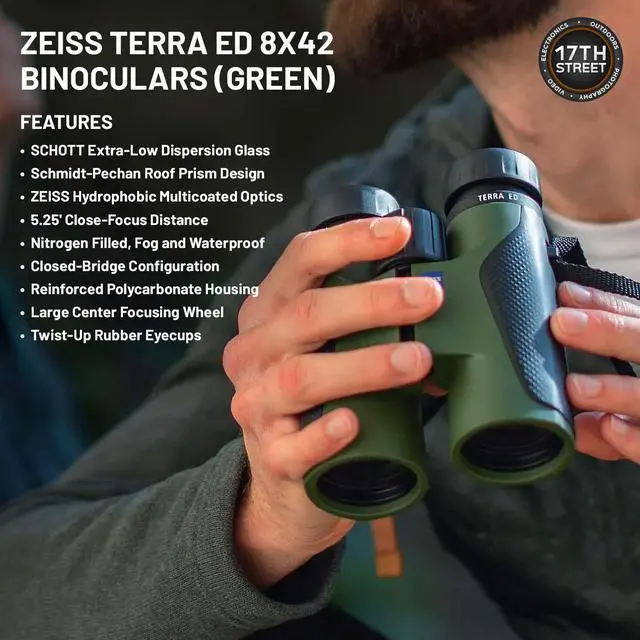 Alt view image 4 of 6 - Zeiss 8x42 Terra ED  Binoculars For Bird Watching (Green) with Waith Binocular Comfort Carrying Harness Strap, Waith Adjustable Camo Baseball Hat and Waith Microfiber Lens Cleaning Cloth (Bundle Set)