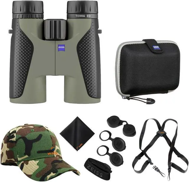 Main image of Zeiss 8x42 Terra ED Binoculars For Bird Watching (Velvet Green/Grey) with Waith Binocular Comfort Carrying Harness Strap, Adjustable Camo Hat & Waith Microfiber Lens Cleaning Cloth (Bundle Set)