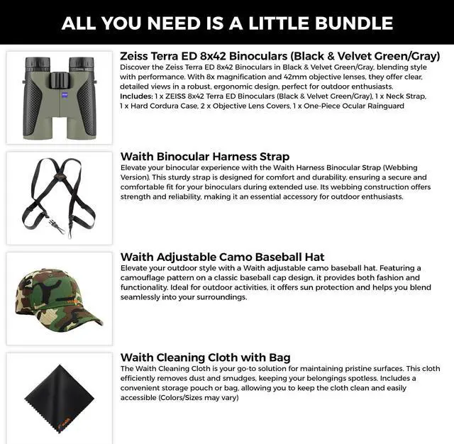Alt view image 2 of 6 - Zeiss 8x42 Terra ED Binoculars For Bird Watching (Velvet Green/Grey) with Waith Binocular Comfort Carrying Harness Strap, Adjustable Camo Hat & Waith Microfiber Lens Cleaning Cloth (Bundle Set)