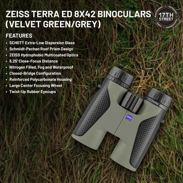Alt view image 4 of 6 - Zeiss 8x42 Terra ED Binoculars For Bird Watching (Velvet Green/Grey) with Waith Binocular Comfort Carrying Harness Strap, Adjustable Camo Hat & Waith Microfiber Lens Cleaning Cloth (Bundle Set)