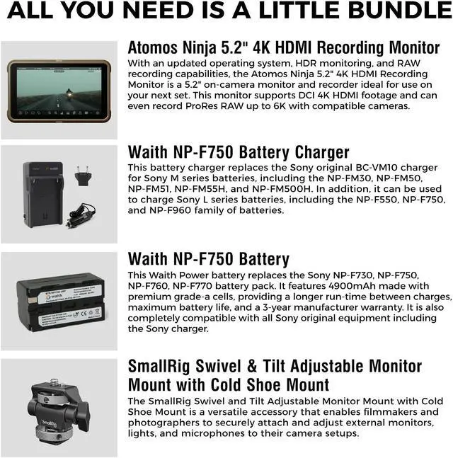 Alt view image 5 of 7 - Atomos Ninja 5.2" Touchscreen Display 4K HDMI Recording Monitor with Waith Power Battery + Charger Combo (NP-F750), SmallRig Swivel and Tilt Adjustable Monitor Mount Bundle Set