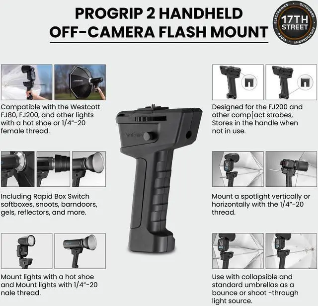 Alt view image 6 of 7 - Westcott FJ200 Round Head Pocket Strobe Light with 64GB Memory Card for 4K Video and Westcott ProGrip2 Ergonomic Handheld Mount for Photographers Bundle Set (WES-4740)