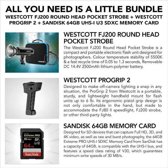 Alt view image 2 of 7 - Westcott FJ200 Round Head Pocket Strobe Light with 64GB Memory Card for 4K Video and Westcott ProGrip2 Ergonomic Handheld Mount for Photographers Bundle Set (WES-4740)