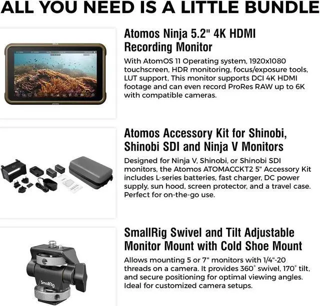 Alt view image 2 of 7 - Atomos Ninja 5.2" 4K HDMI Recording Monitor with Atomos 5" Accessory Kit for Shinobi, Shinobi SDI and Ninja V Monitors, SmallRig Swivel and Tilt Adjustable Monitor Mount Bundle Set
