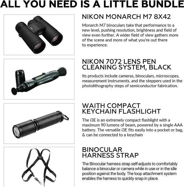 Alt view image 2 of 5 - Nikon 16764 Monarch M7 10x30 Binocular With Lens Pen, Vortex Harness, & Flashlight Kit