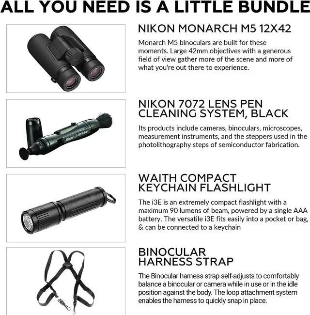 Alt view image 2 of 5 - Nikon 12x42 Monarch M5 Binoculars With Lens Pen, Vortex Harness, & Flashlight Kit