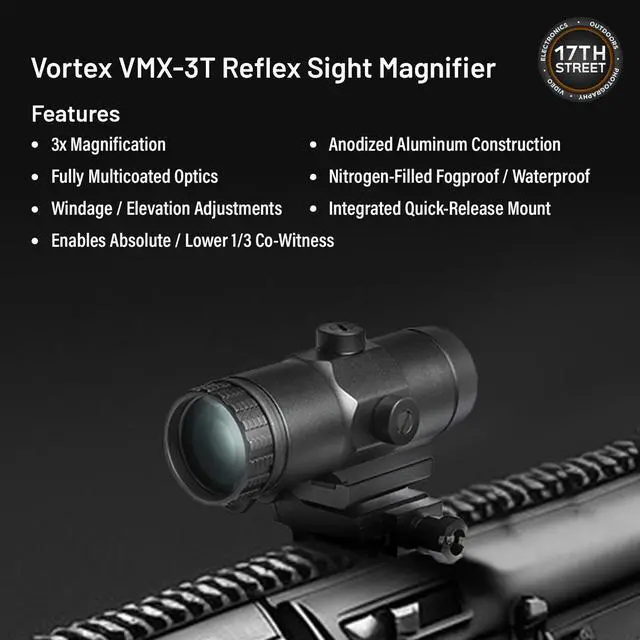 Alt view image 4 of 7 - Vortex Optics VMX-3T 3X Red Dot Sight Magnifier with Built-in Flip Mount, Vortex Logo Black Camo Cap and Waith Compact LED Flashlight Keychain (Essential Bundle Set)