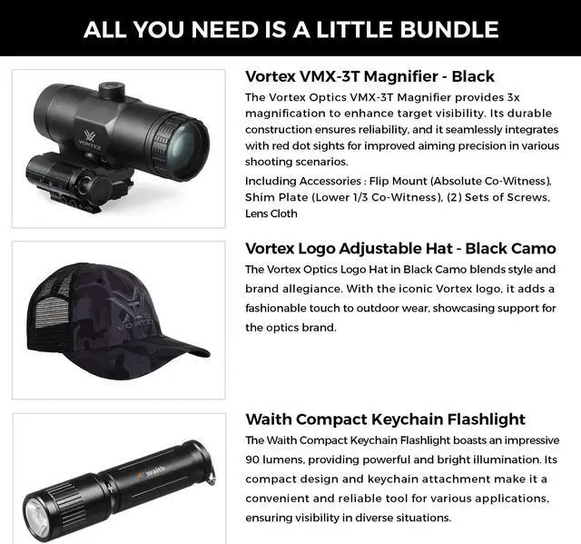 Alt view image 2 of 7 - Vortex Optics VMX-3T 3X Red Dot Sight Magnifier with Built-in Flip Mount, Vortex Logo Black Camo Cap and Waith Compact LED Flashlight Keychain (Essential Bundle Set)