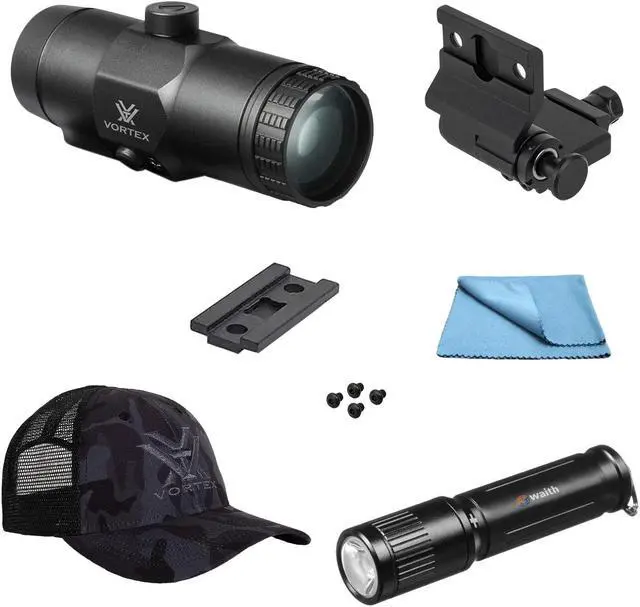 Main image of Vortex Optics VMX-3T 3X Red Dot Sight Magnifier with Built-in Flip Mount, Vortex Logo Black Camo Cap and Waith Compact LED Flashlight Keychain (Essential Bundle Set)