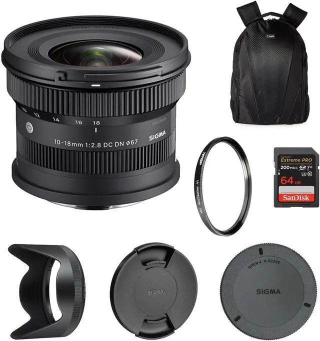 Main image of Sigma 10-18mm F2.8 DC DN Contemporary Lens for FUJIFILM X | Ultra Wide-Angle Zoom with Tiffen 67mm UV Protector Filter, Waith Camera Backpack and 64GB Extreme PRO UHS-I SDXC Memory Card (Bundle Set)