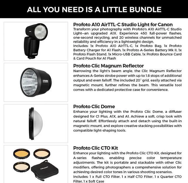 Alt view image 2 of 7 - Profoto A10 AirTTL-C Studio Light Built-In AirX for Canon, Profoto Clic Magnum Reflector, Profoto Clic Dome and Profoto Clic CTO Kit (Essential Bundle Set)
